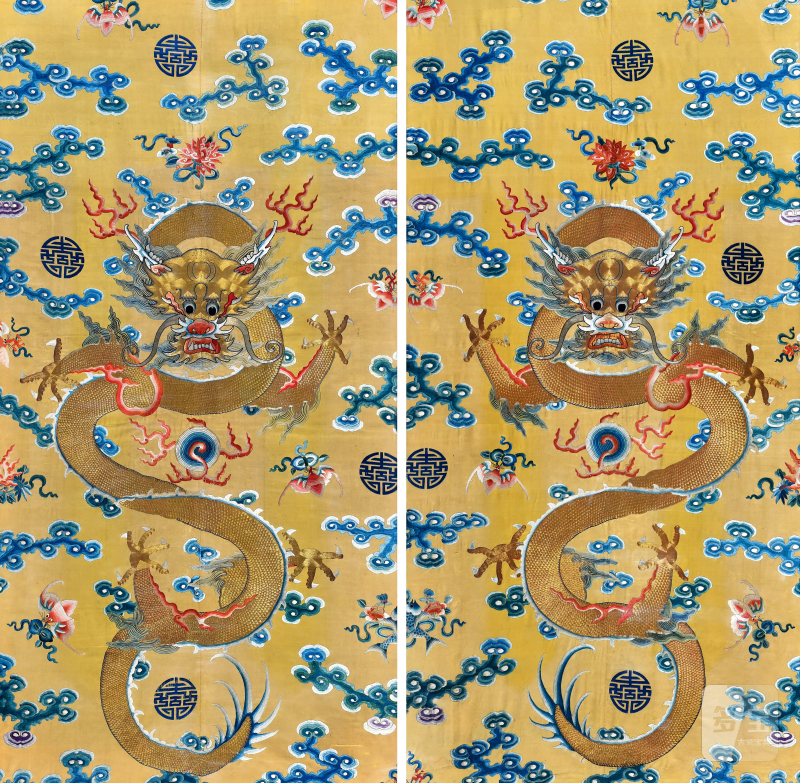 清同治 明黄盘金彩绣升龙纹挂屏一对 - 图1